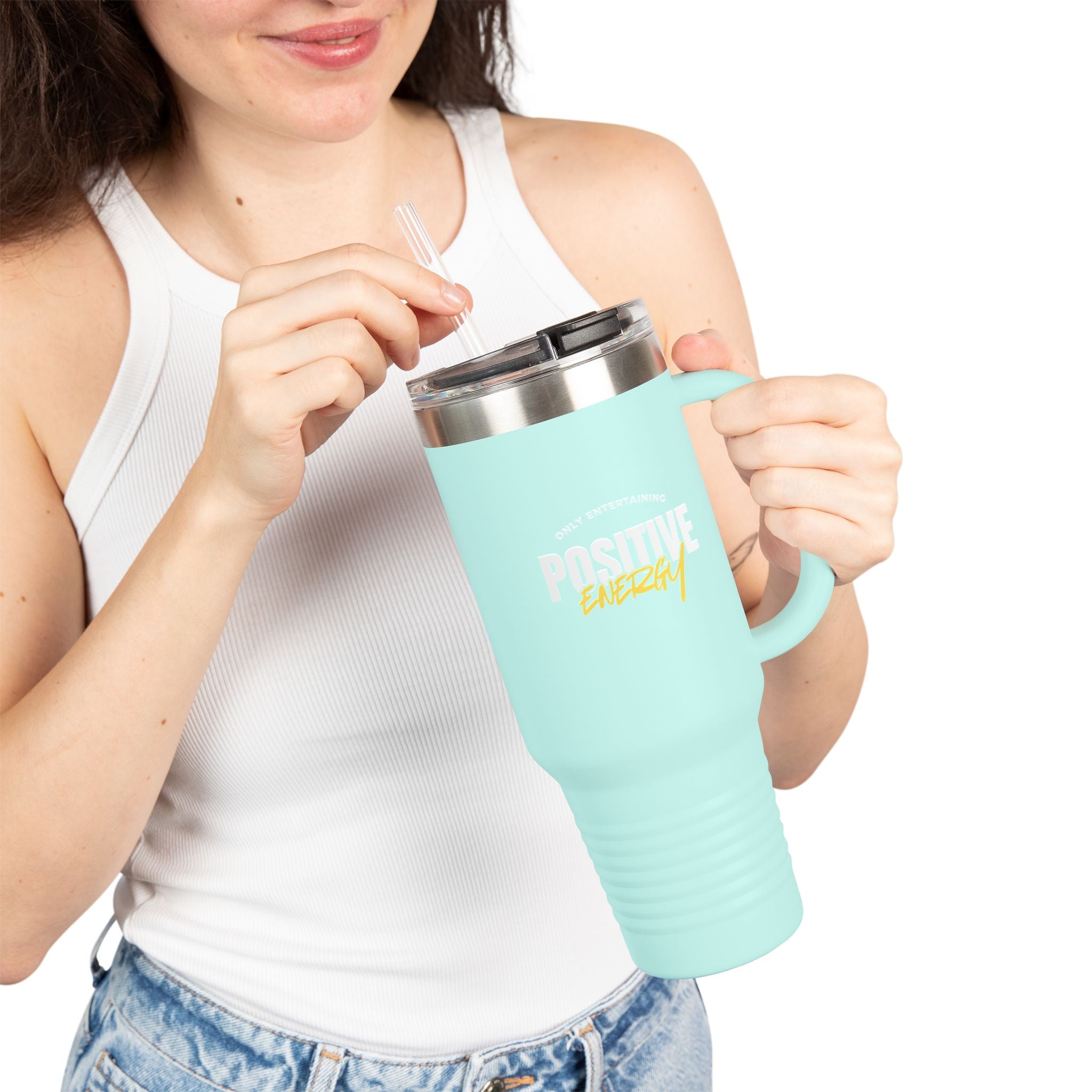 "Only Entertaining Positive Energy" Insulated Travel Mug 40 oz. by Beyond the Balloons