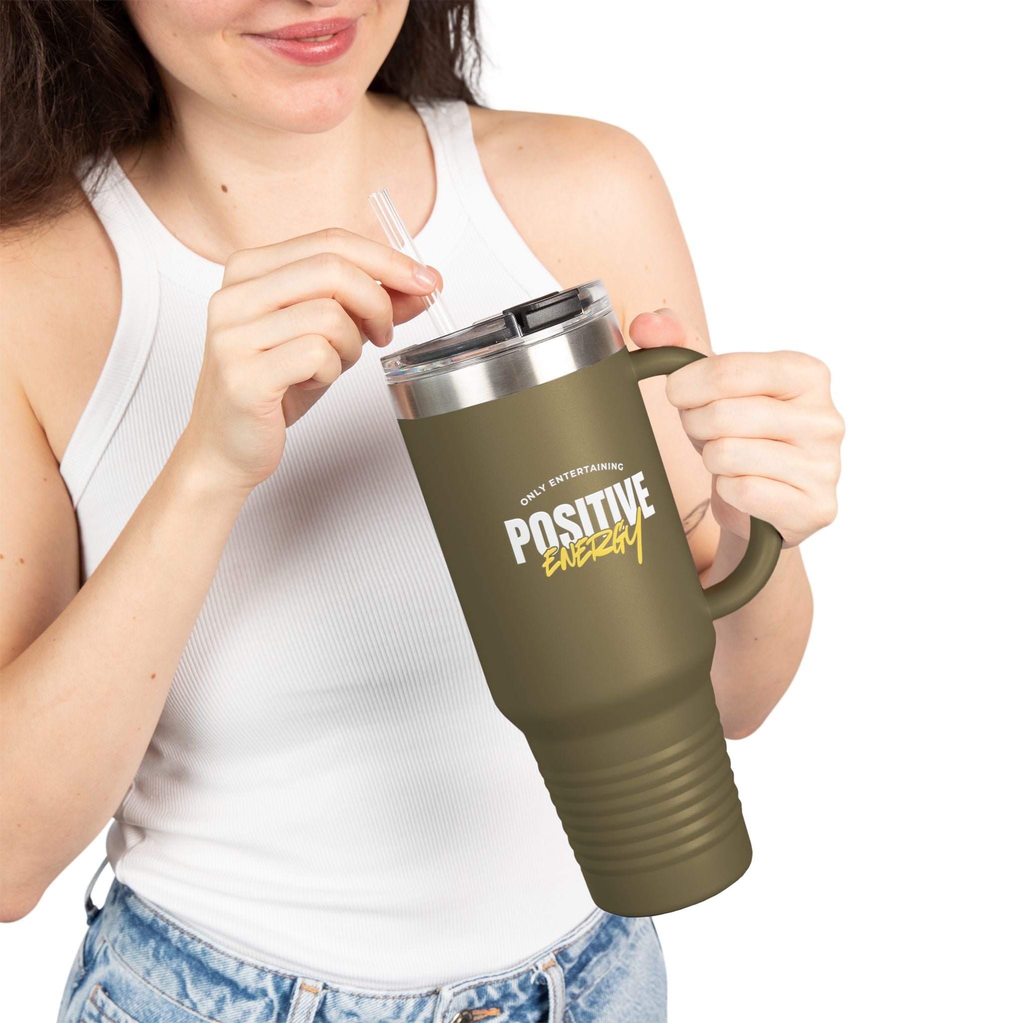 "Only Entertaining Positive Energy" Insulated Travel Mug 40 oz. by Beyond the Balloons