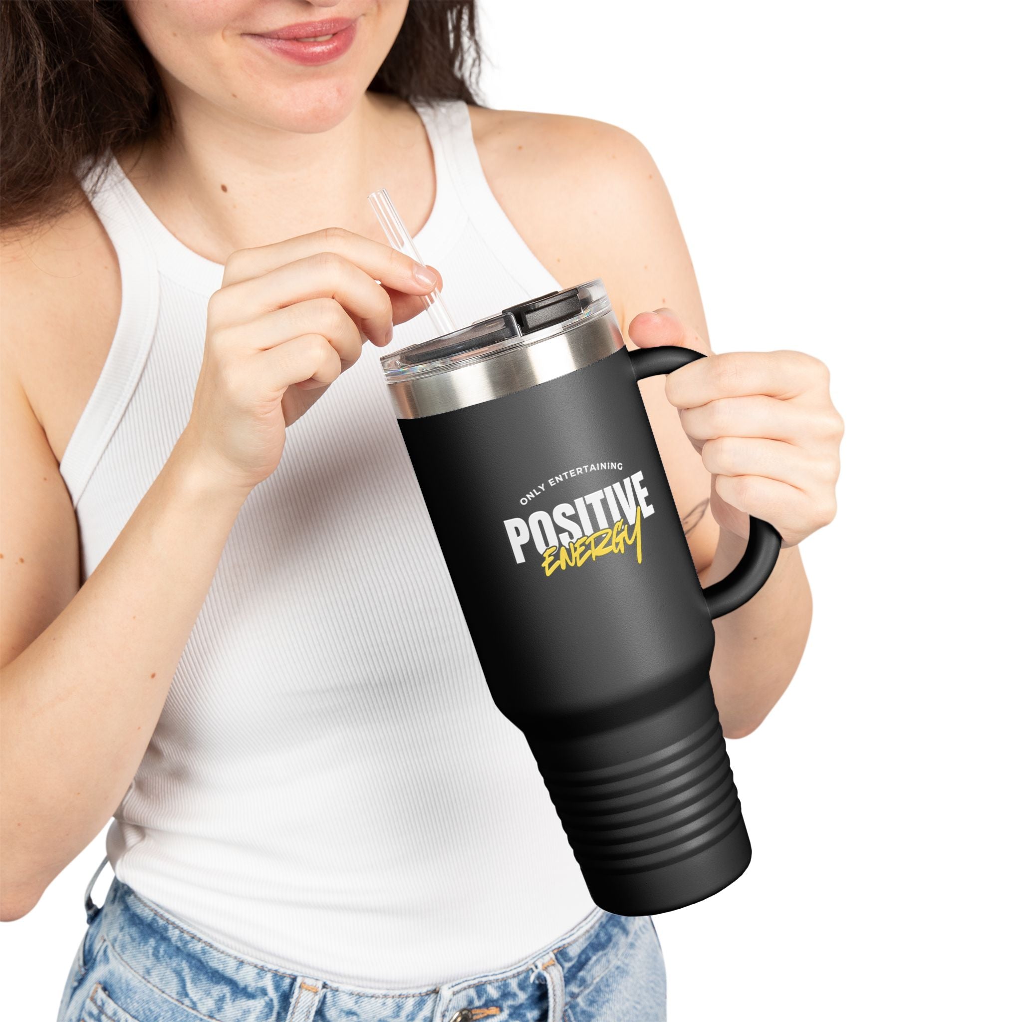 "Only Entertaining Positive Energy" Insulated Travel Mug 40 oz. by Beyond the Balloons